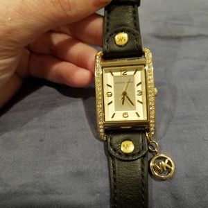 Michael Kors Black Leather Watch with Hang Charm